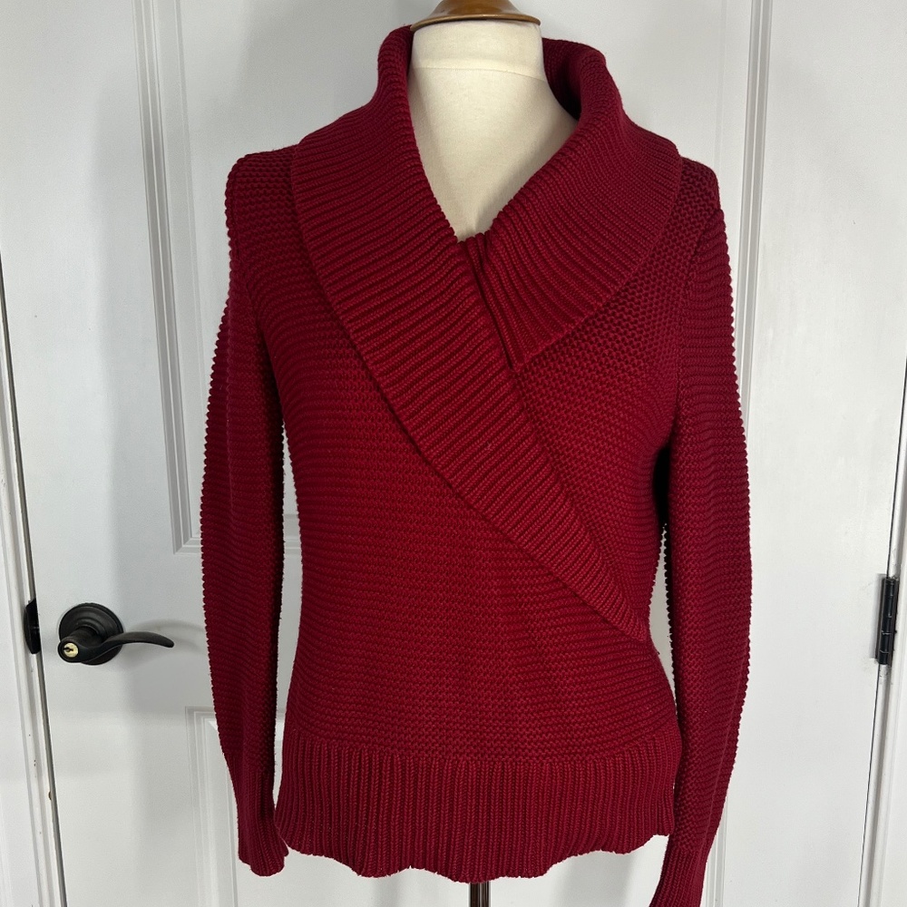 Talbots, Size MP. Red, Wide Collar, V Neck, Long Sleeve Sweater